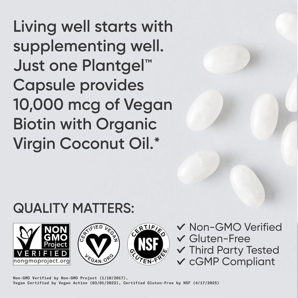 Biotin (10,000Mcg) with Organic Coconut Oil | Supports Healthy Hair, Skin & Nails | Non-Gmo Verified & Vegan Certified (120 Veggie-Softgels)