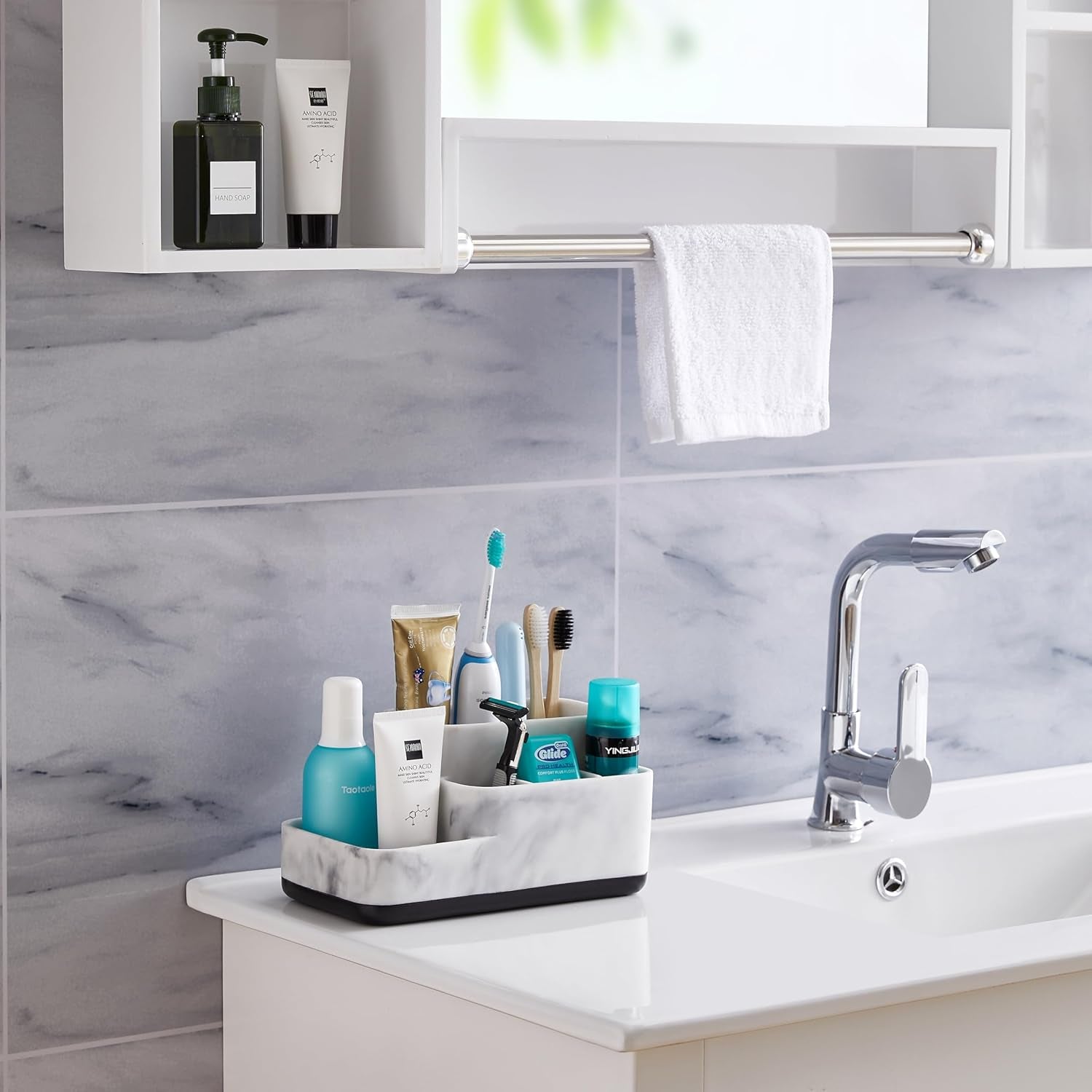 Toothbrush Holders Organizer - Make up Organizers and Storage, Multi-Functional Design Bathroom Organizer Toothbrush - Skincare Organizer - White Marble Look Bathroom Sink Organizer