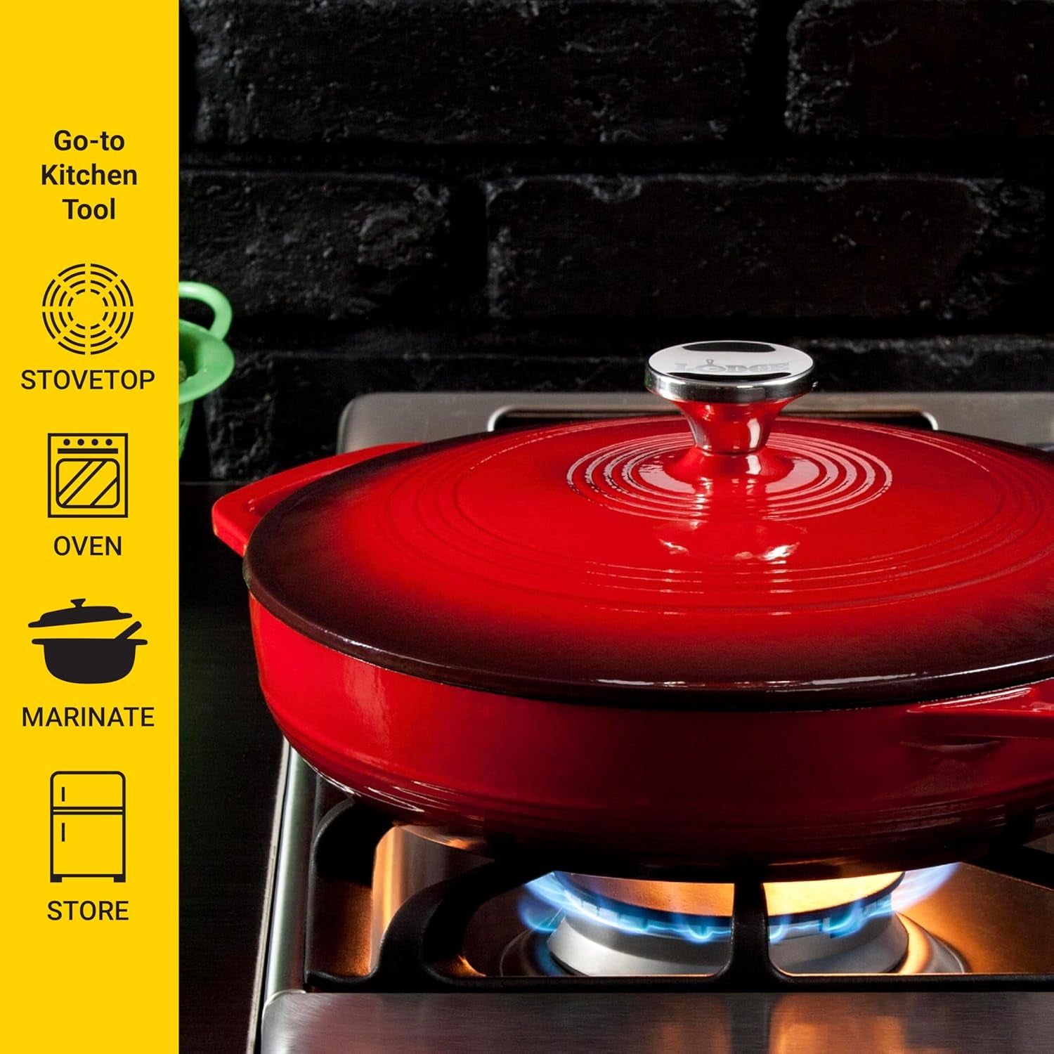 3.6 Quart Cast Iron Casserole Pan. Red Enamel Cast Iron Casserole Dish with Dual Handles and Lid (Island Spice Red)