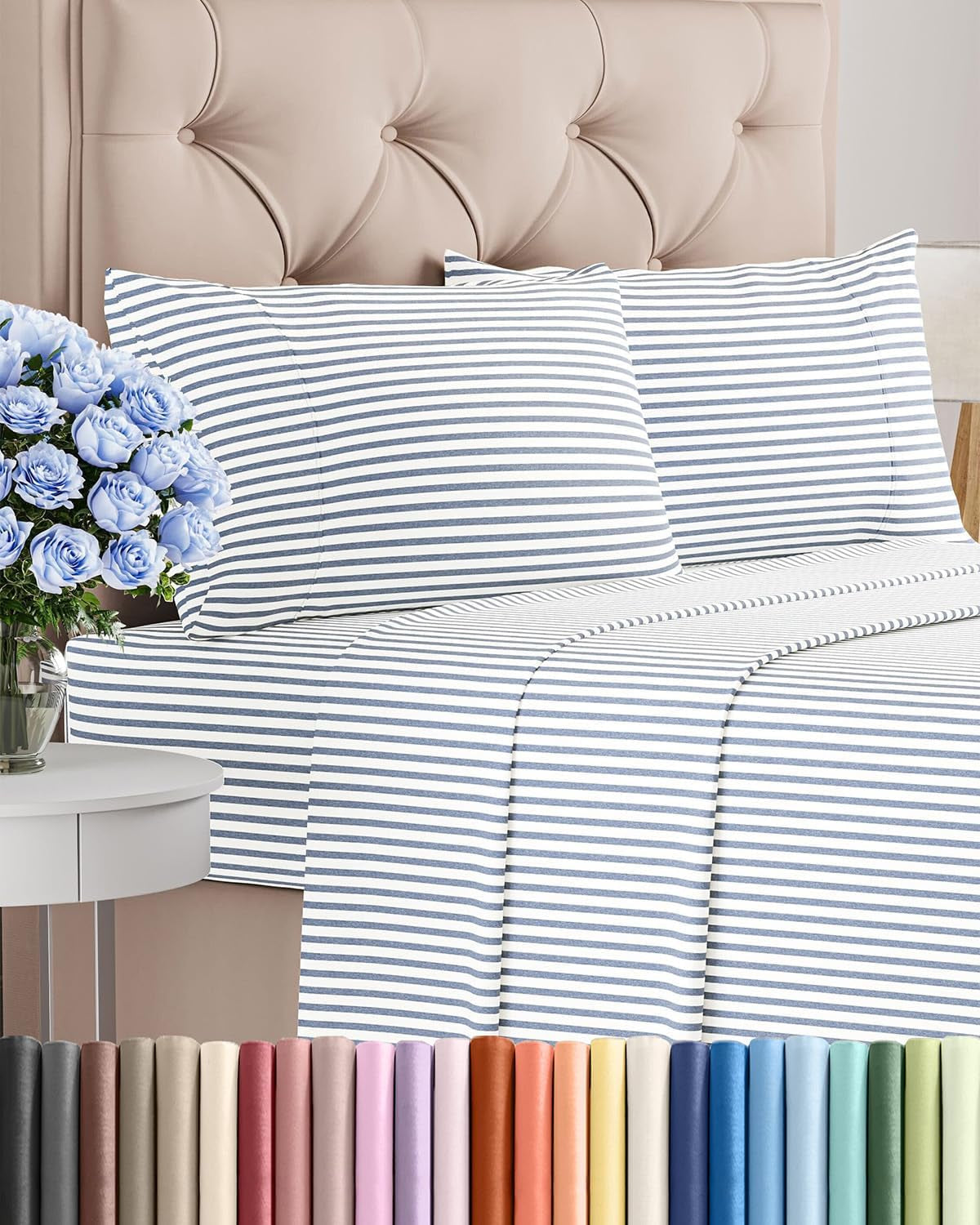 Striped Bed Sheets - Pin Striped Sheets - Blue and White Sheets - White and Blue Striped Sheets - Cal King Striped Sheets - Hotel Luxury Bed Sheets - Deep Pockets - Breathable & Cooling Sheets