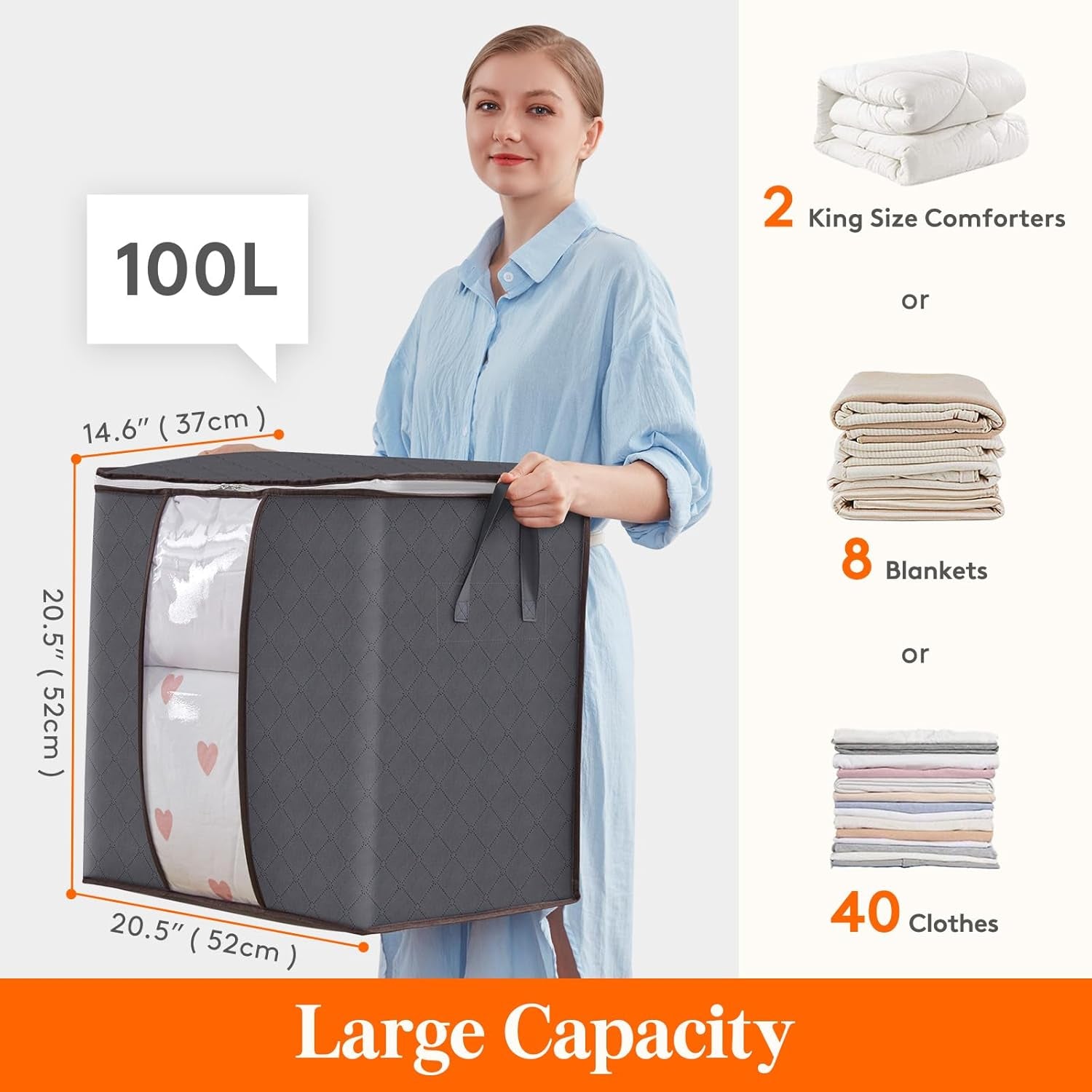 Clothes Storage Bag 90L Large Capacity Organizer with Reinforced Handle Thick Fabric for Comforters, Blankets, Bedding, Foldable with Sturdy Zipper, Clear Window, 3 Pack, Grey