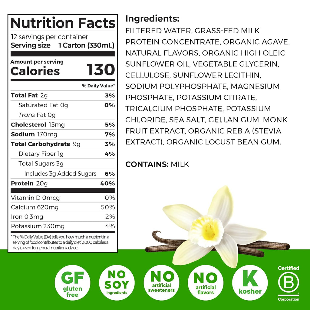 Grass Fed Clean Protein Shake, Vanilla Bean - 20G of Protein, Meal Replacement, Ready to Drink, Gluten Free, Soy Free, Kosher, 11 Oz, 12 Count (Packaging May Vary)