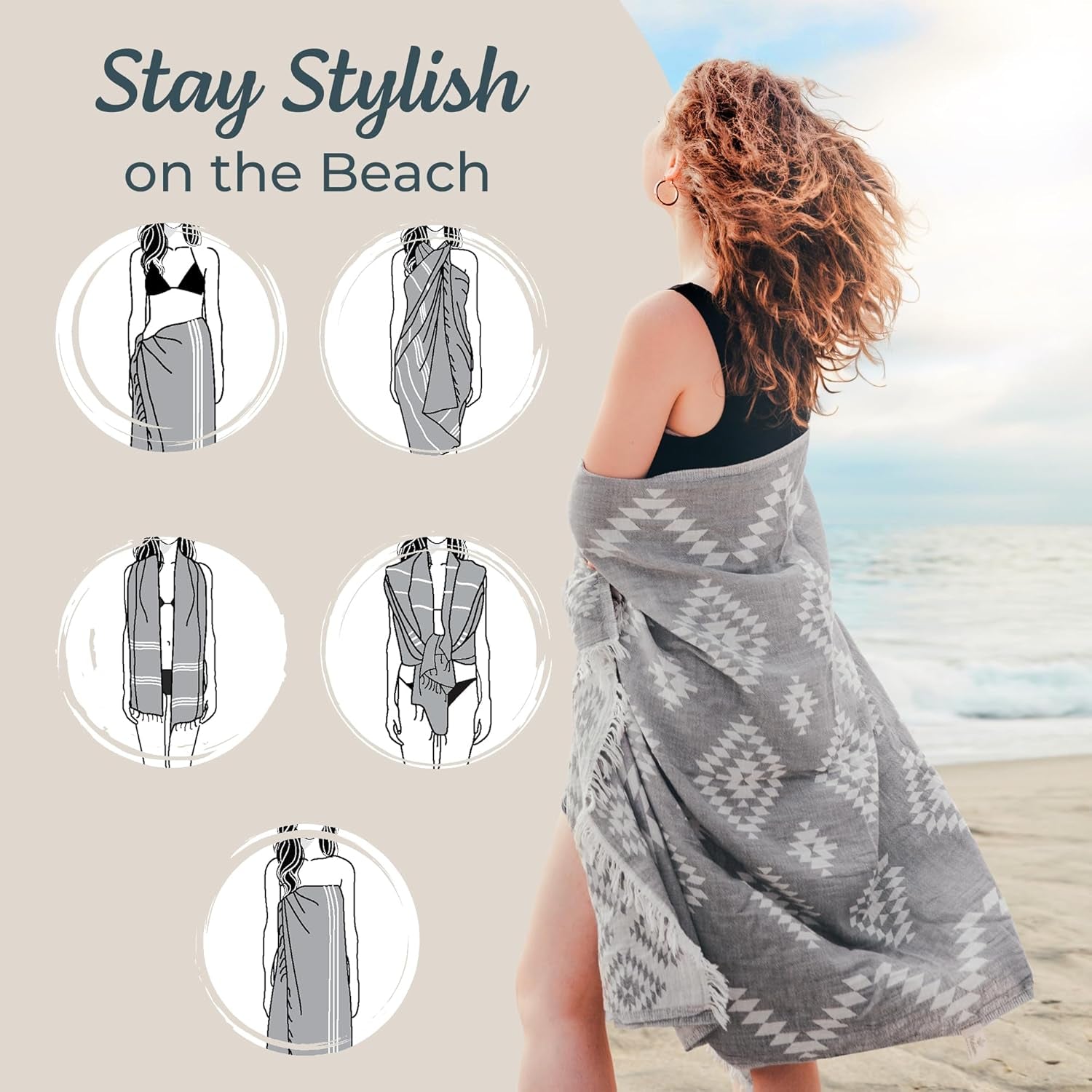 Turkish Towels Beach Towels Oversized (35”X67”) Beach Towels for Adults Quick Dry and Sand Free Beach Blanket 100% Cotton Towel - Vintage Dark Grey