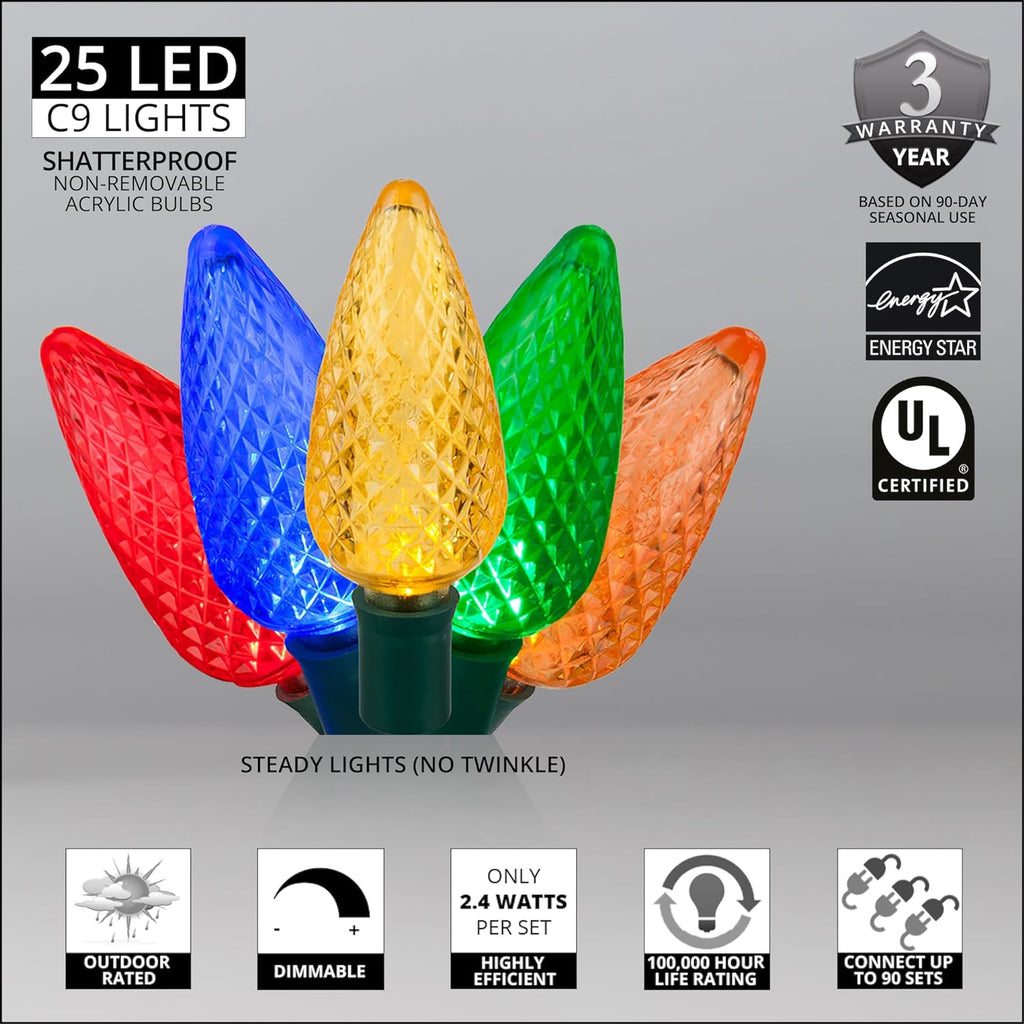 C9 Multicolor Christmas Lights Set of 25, 17 Ft, Multi Colored Christmas Lights Outdoor C9 LED Christmas Lights Multicolor C9 Christmas Lights Party Multicolor LED Christmas Lights