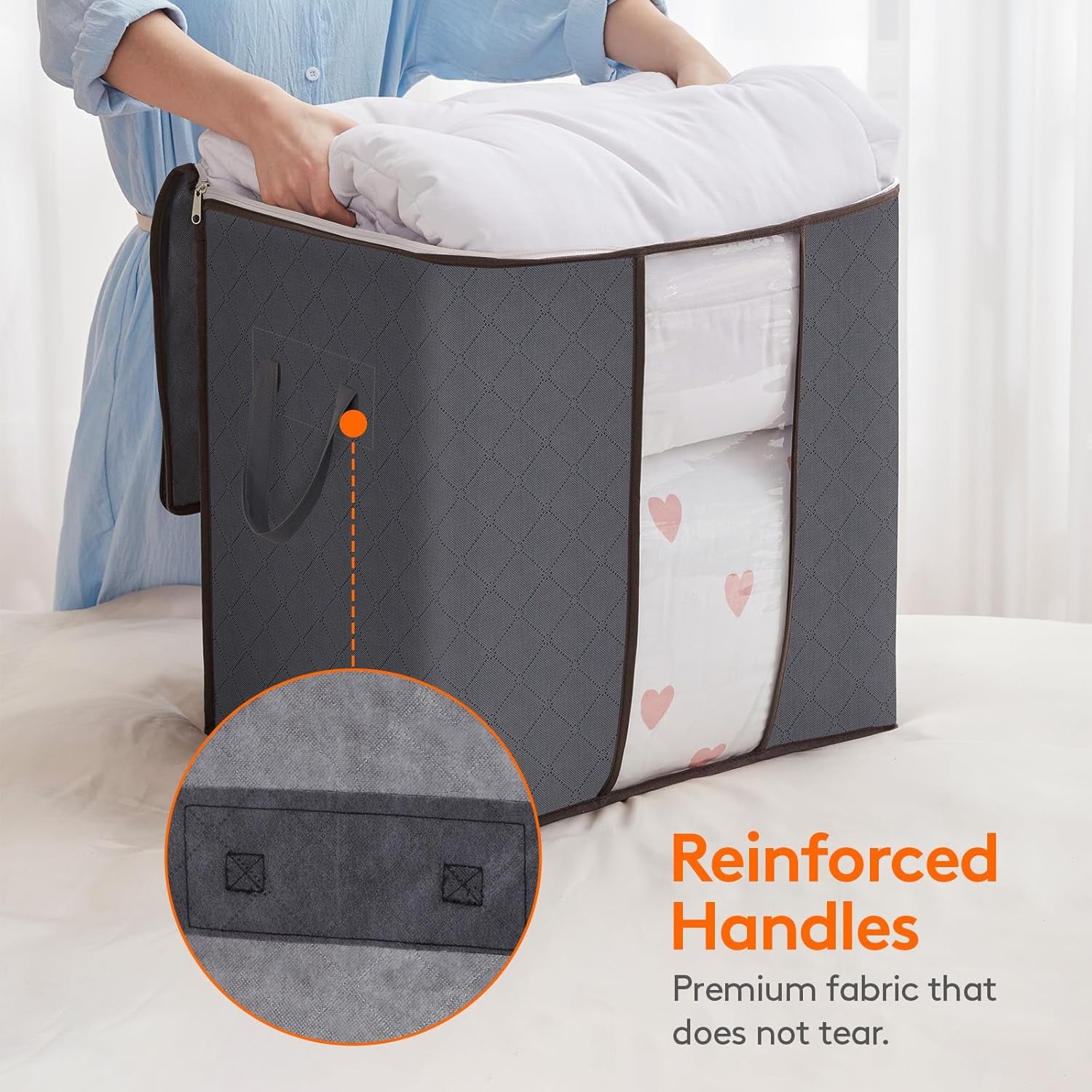 Clothes Storage Bag 90L Large Capacity Organizer with Reinforced Handle Thick Fabric for Comforters, Blankets, Bedding, Foldable with Sturdy Zipper, Clear Window, 3 Pack, Grey