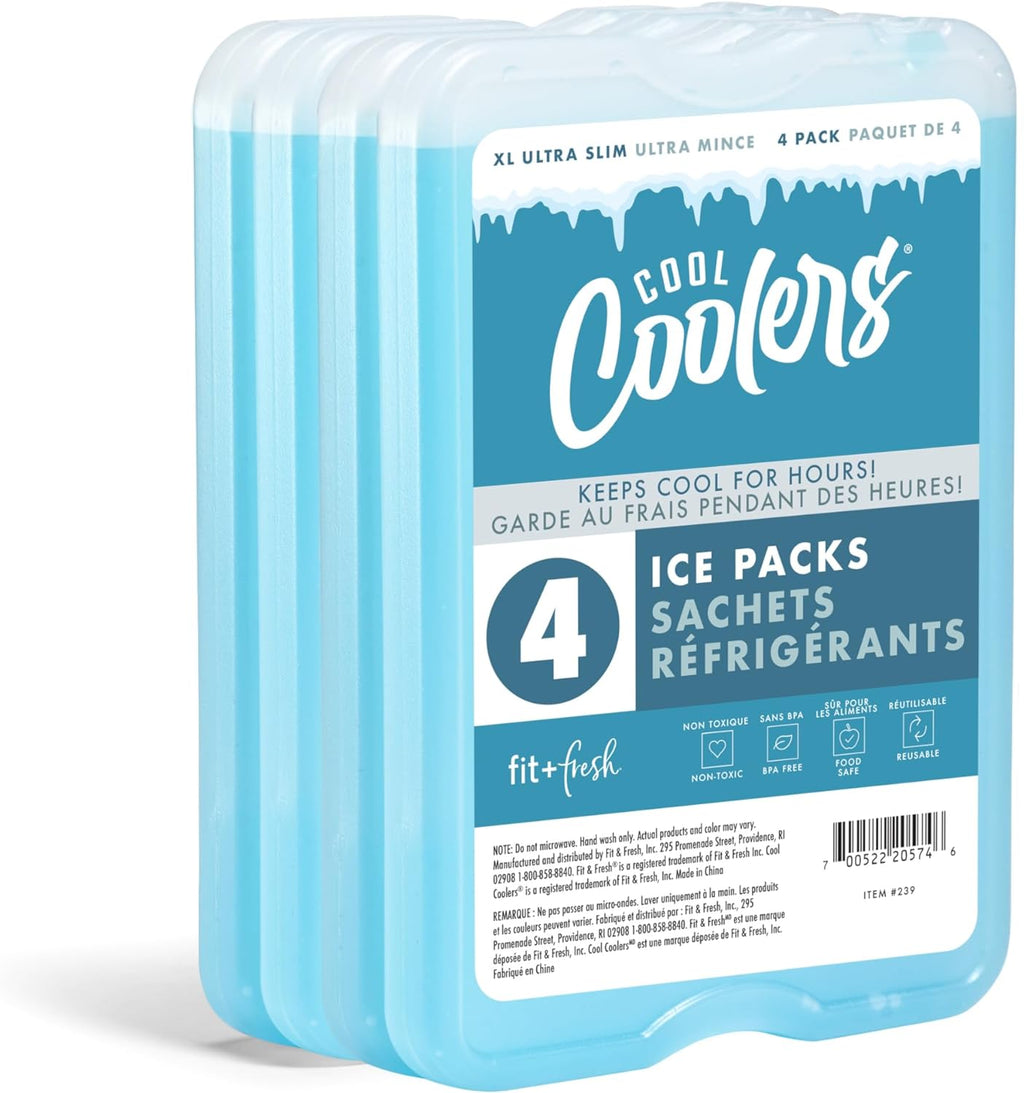 XL Cool Coolers Freezer Slim Ice Pack for Lunch Box, Set of 4, Large, Blue