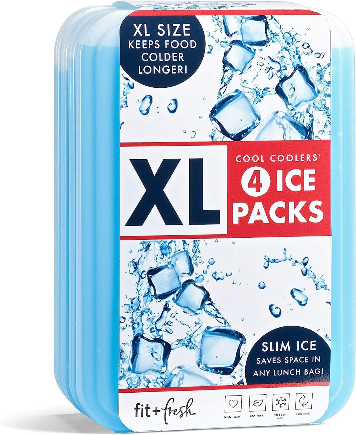 XL Cool Coolers Freezer Slim Ice Pack for Lunch Box, Set of 4, Large, Blue