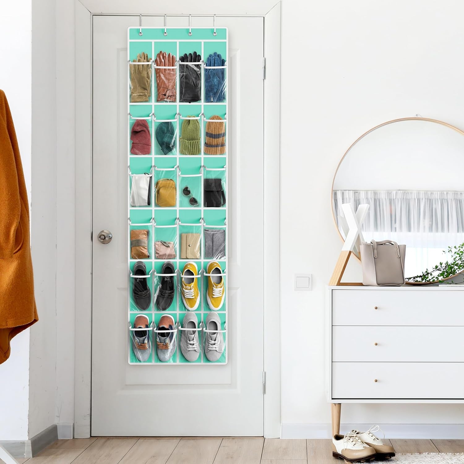 24 Pockets - Simplehouseware Crystal Clear over the Door Hanging Shoe Organizer, Turquoise (64'' X 19'')