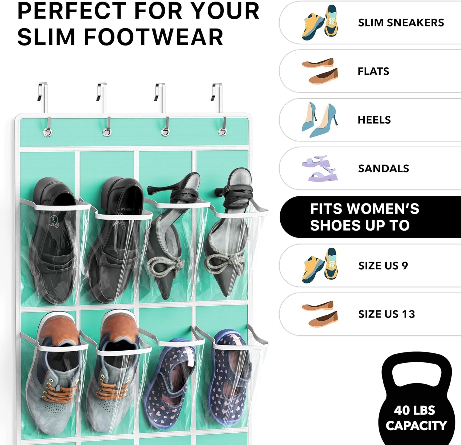 24 Pockets - Simplehouseware Crystal Clear over the Door Hanging Shoe Organizer, Turquoise (64'' X 19'')