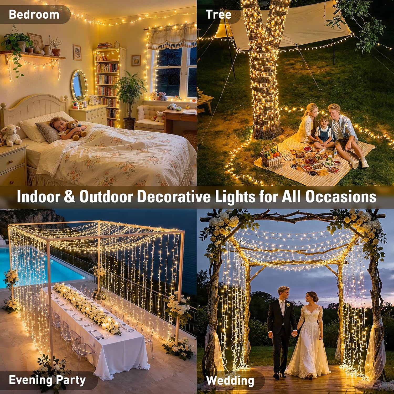 168FT 600 LED Christmas Lights Outdoor Waterproof Clear Wire Warm White Christmas Tree Lights Plug in String Fairy Lights for outside Indoor for Bedroom Wedding Party Holiday Xmas Decorations