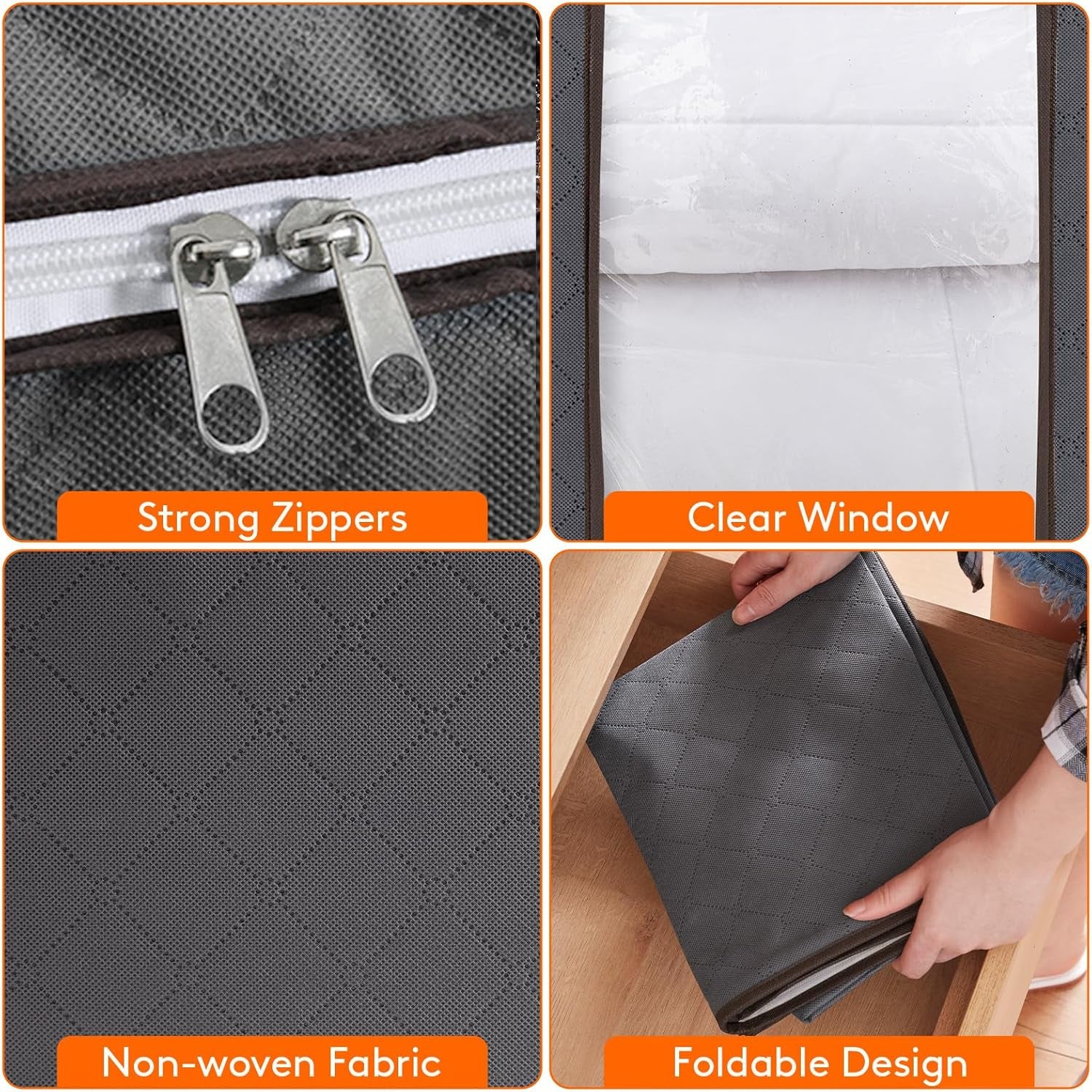 Clothes Storage Bag 90L Large Capacity Organizer with Reinforced Handle Thick Fabric for Comforters, Blankets, Bedding, Foldable with Sturdy Zipper, Clear Window, 3 Pack, Grey